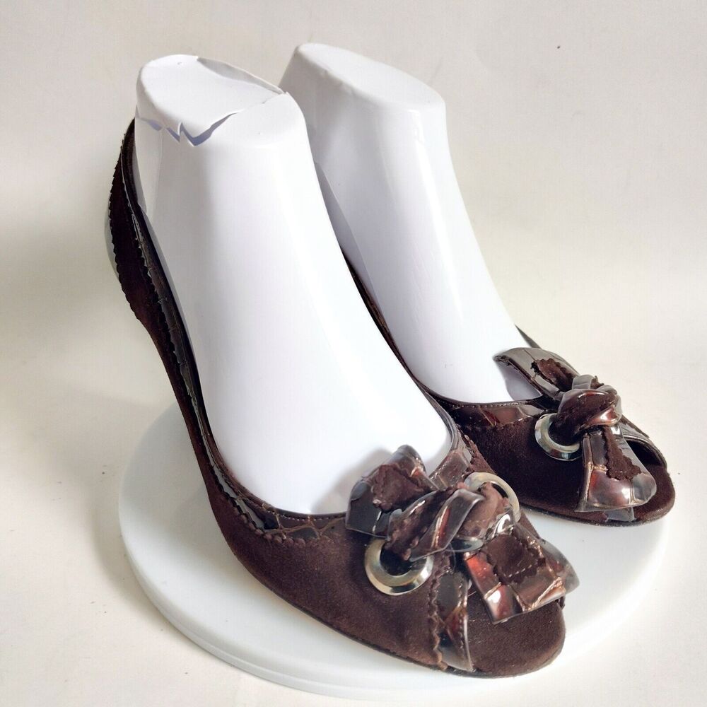 Stuart‎ Weitzman Suede Croc Patent Leather Brown Open Toe 3" Heels Size 8 Pumps